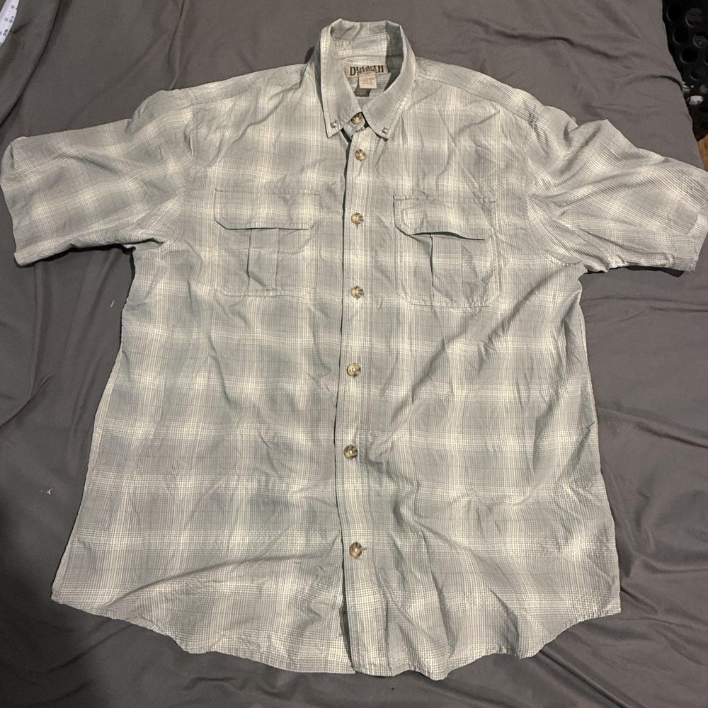 Duluth Trading Co Shirt Mens L Gray Check Short Sleeve Button Up Relaxed Casual